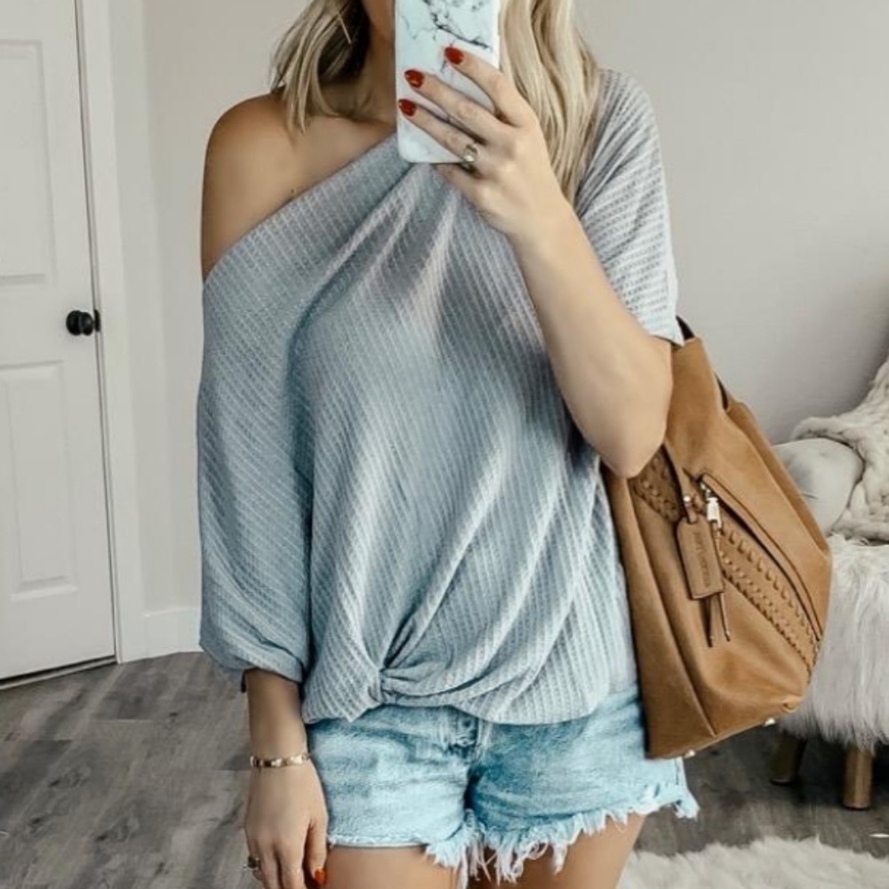 Gray off the shoulder twist knot tunic sweater